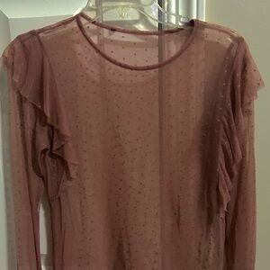 Mauve Pink Sheer Mesh Ruffle Polkadot Longsleeve Top.